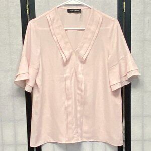 Ivanka Trump Double Short Sleeve Sheer V Neck Pleated Ruffle Blouse Pink NWOT S